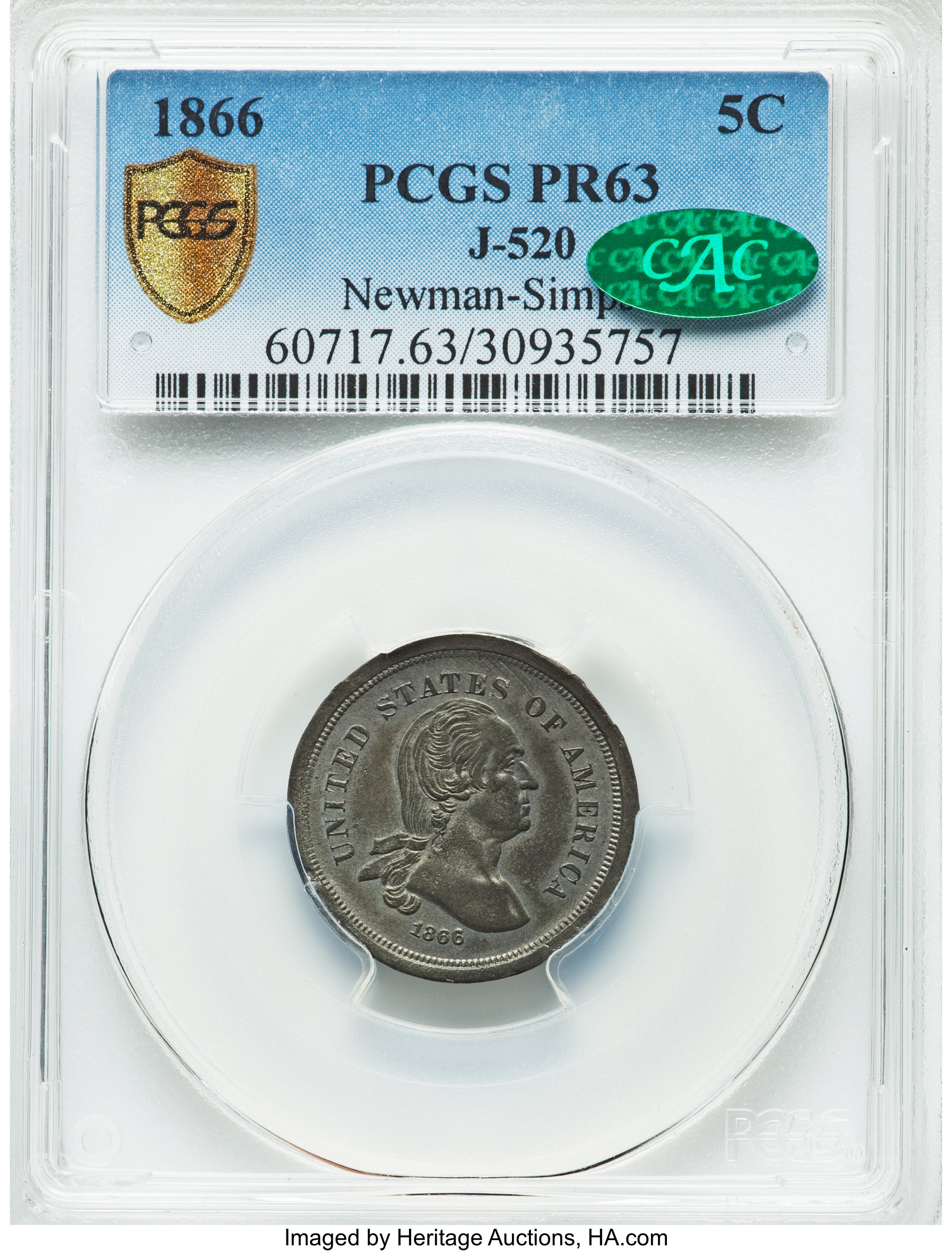image for: 1866 5C Five Cents, Judd-520, Pollock-547, R.8, PR63 PCGS. CAC....