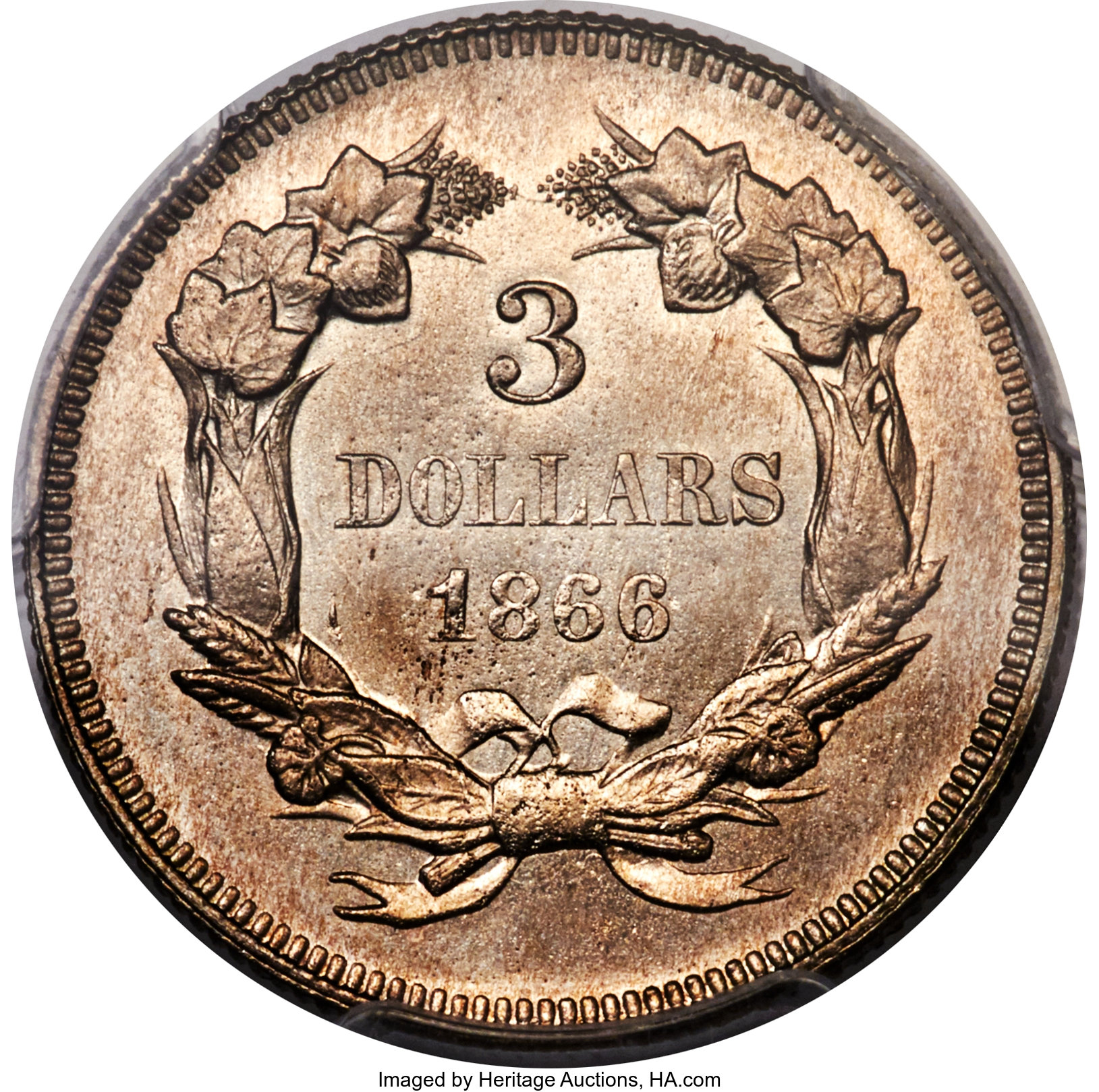 image for: 1866 $3 Three Dollar, Judd-543, Pollock-608, High R.7, PR66 PCGS. CAC....