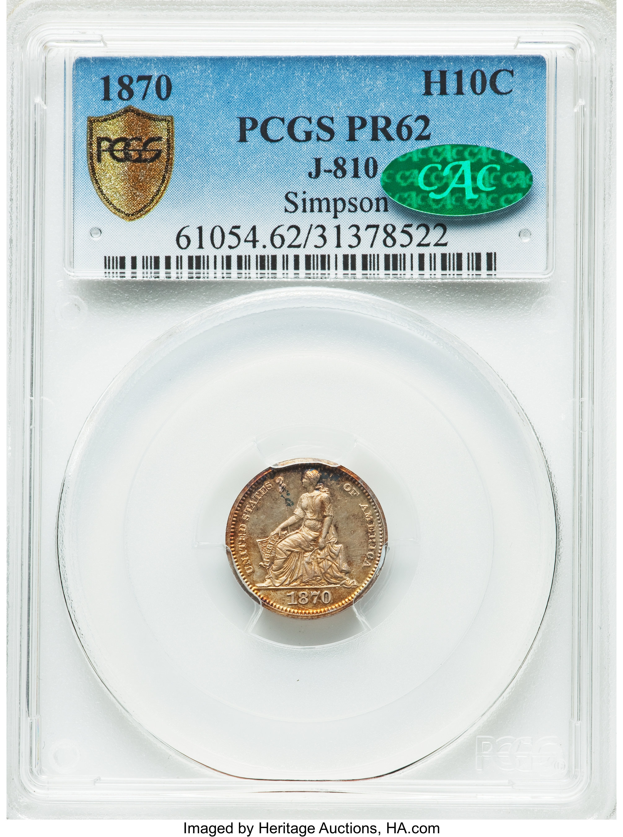 image for: 1870 H10C Standard Silver Half Dime, Judd-810, Pollock-898, High R.7, PR62 PCGS. CAC....