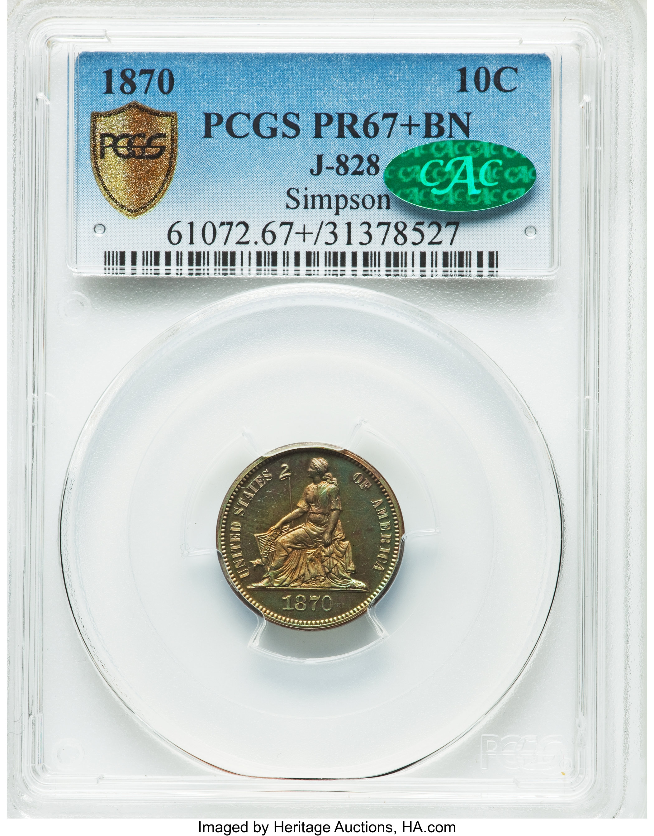 image for: 1870 10C Standard Silver Dime, Judd-828, Pollock-918, High R.6, PR67+ Brown PCGS. CAC....
