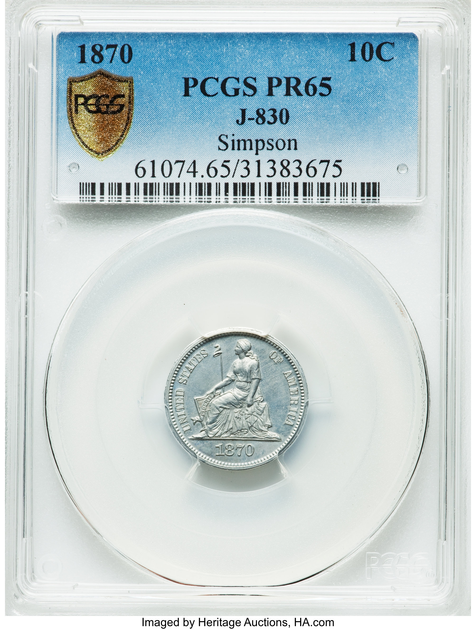 image for: 1870 10C Standard Silver Dime, Judd-830, Pollock-920, High R.7, PR65 PCGS....