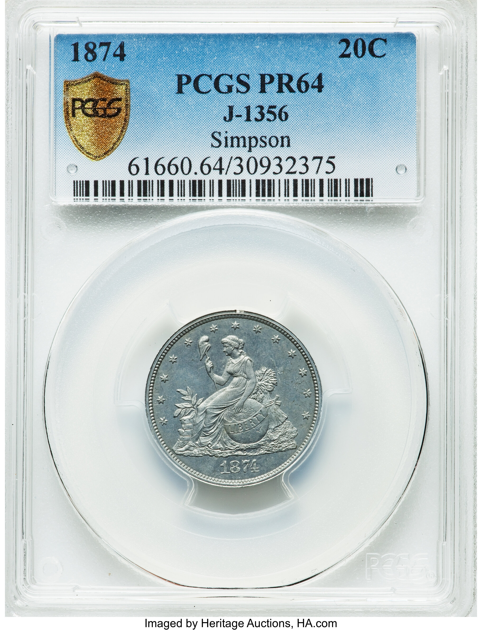 image for: 1874 20C Twenty Cent Piece, Judd-1356, Pollock-1500, High R.7, PR64 PCGS....