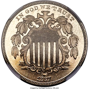 image for: 1867 5C No Rays, Pattern Reverse, FS-1902, PR64 Cameo NGC. CAC....
