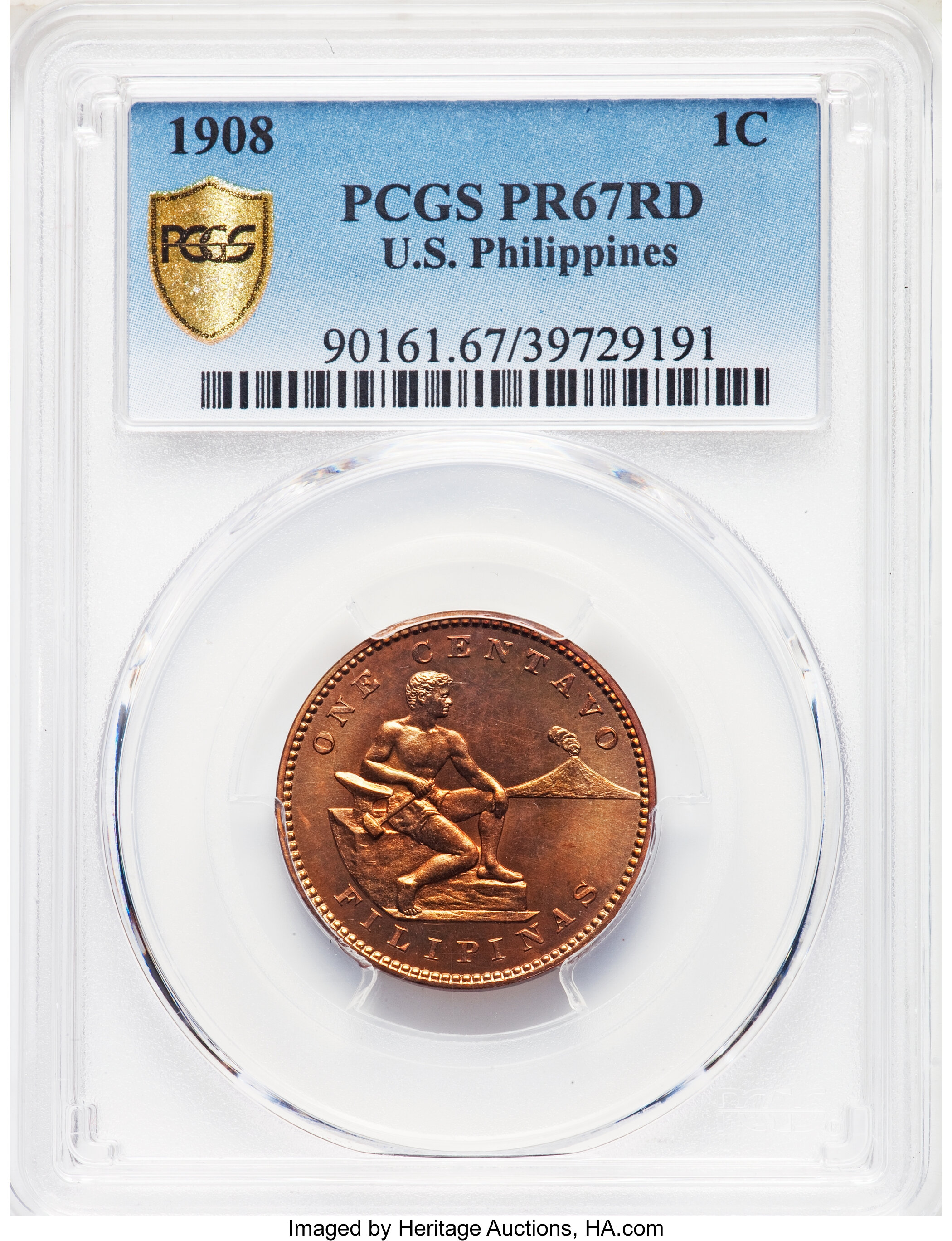 image for: 1908 1C Philippines Centavo PR67 Red PCGS. PCGS Population: (5/0 and 0/0+). NGC Census: (0/0 and 0/0+).  From The Mah...