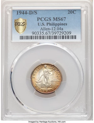 image for: 1944-D/S 20C Philippines 20 Centavos, Allen-12.04a, MS67 PCGS. PCGS Population: (2/0 and 0/0+). NGC Census: (0/0 and 0/0+)....
