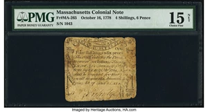 image for: Massachusetts October 16, 1778 4s 6d PMG Choice Fine 15 Net....