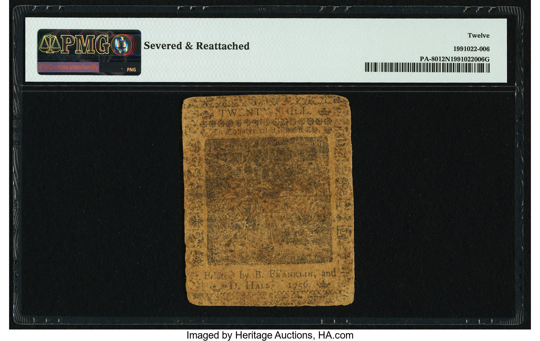 image for: Pennsylvania October 1, 1756 20s PMG Fine 12 Net....