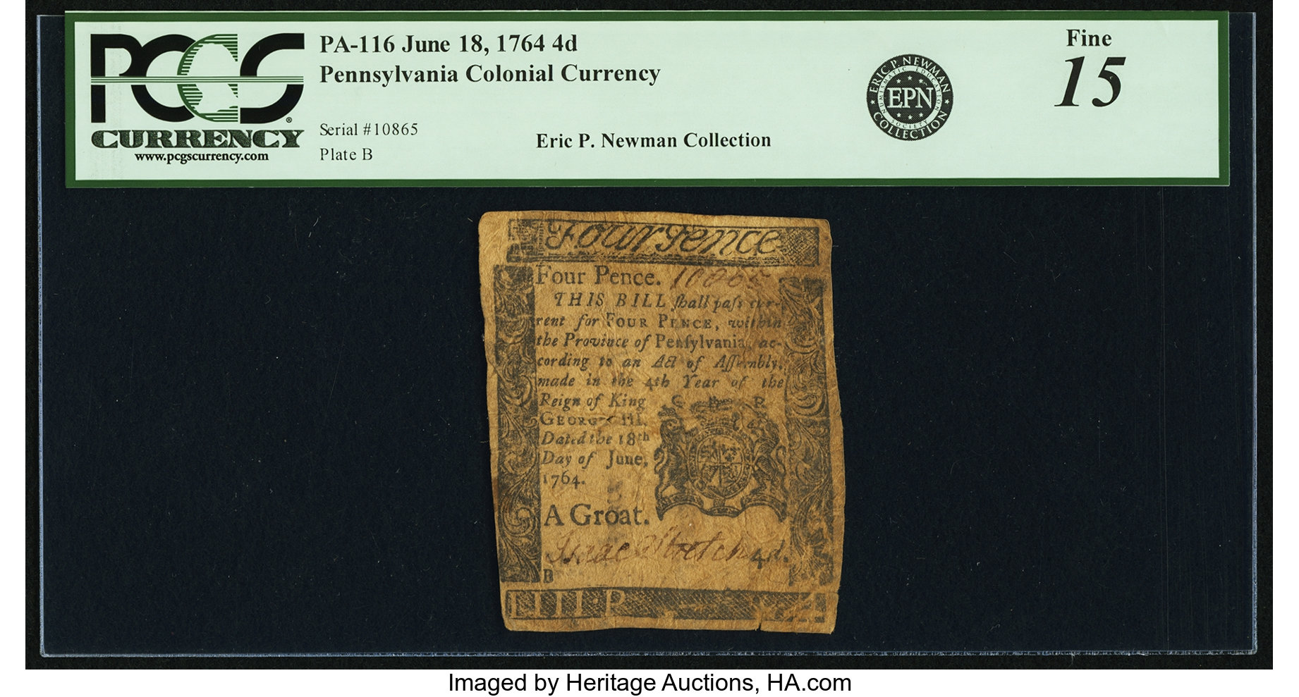 image for: Pennsylvania June 18, 1764 4d PCGS Fine 15....
