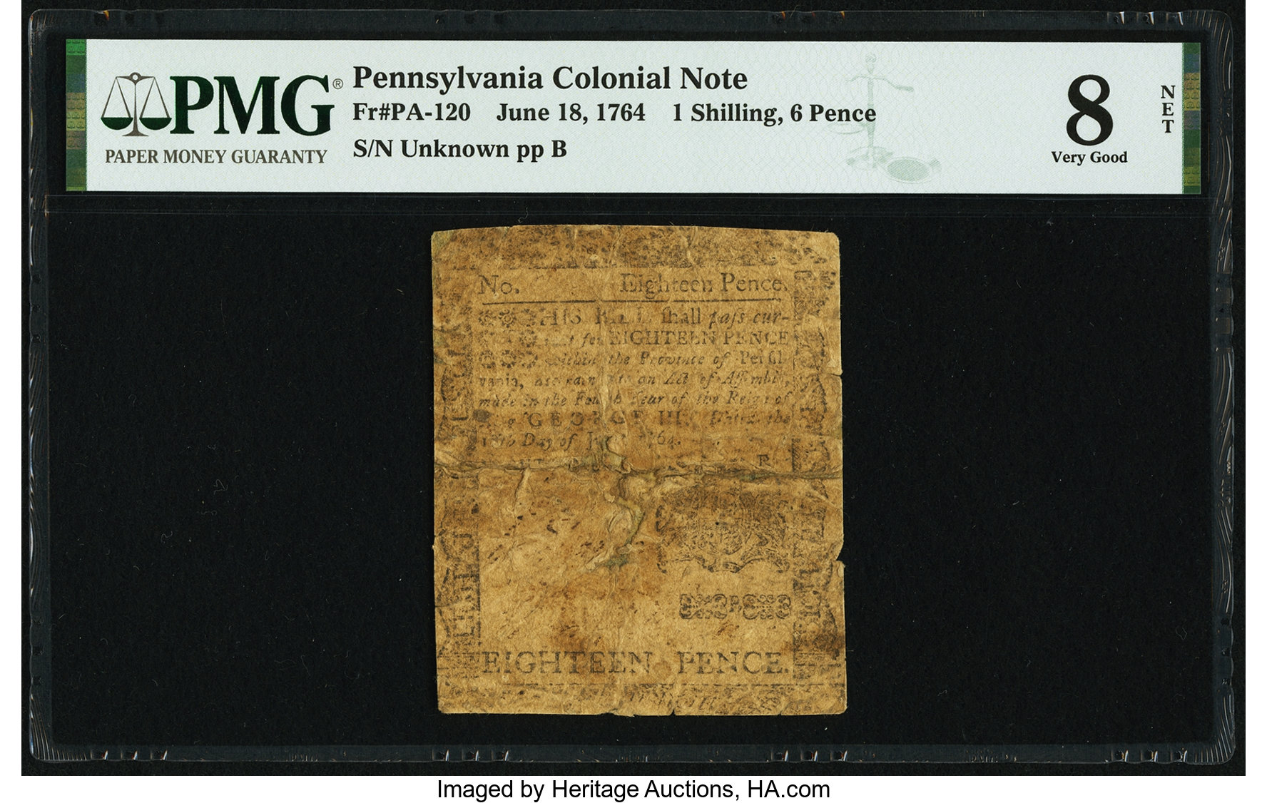 image for: Pennsylvania June 18, 1764 1s 6d PMG Very Good 8 Net....