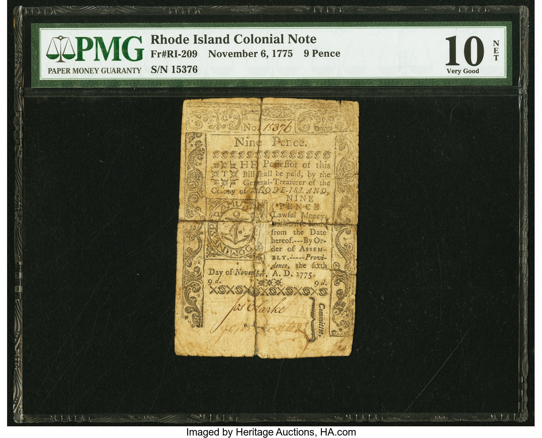 image for: Rhode Island November 6, 1775 9d PMG Very Good 10 Net....