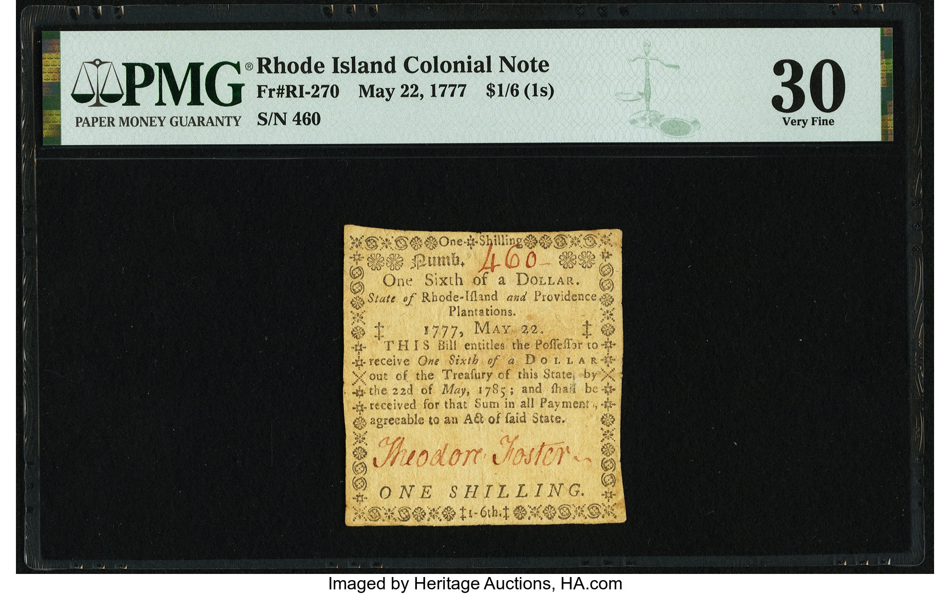 image for: Rhode Island May 22, 1777 $1/6 PMG Very Fine 30....