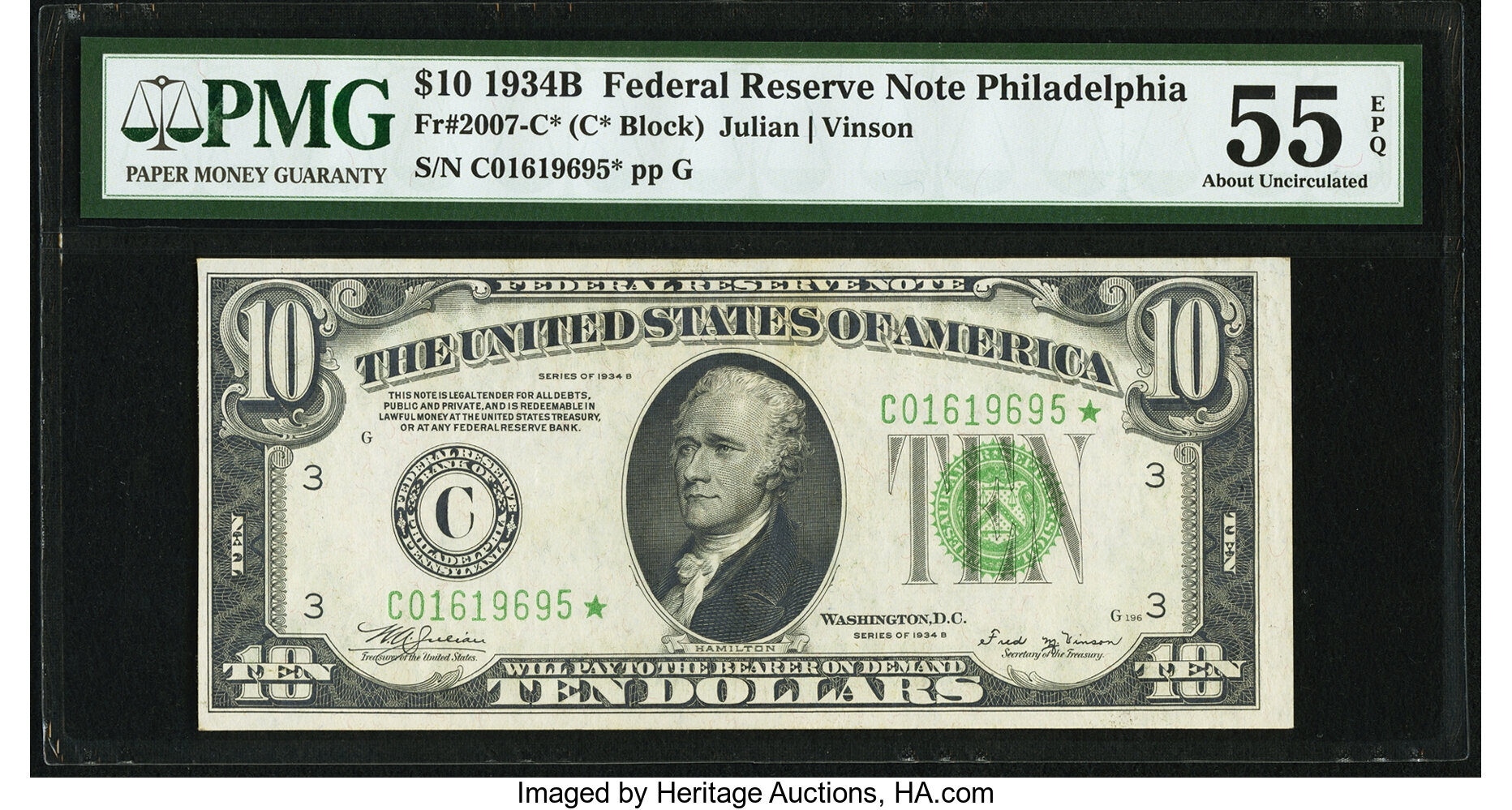 image for: Fr. 2007-C* $10 1934B Federal Reserve Note. PMG About Uncirculated 55 EPQ....