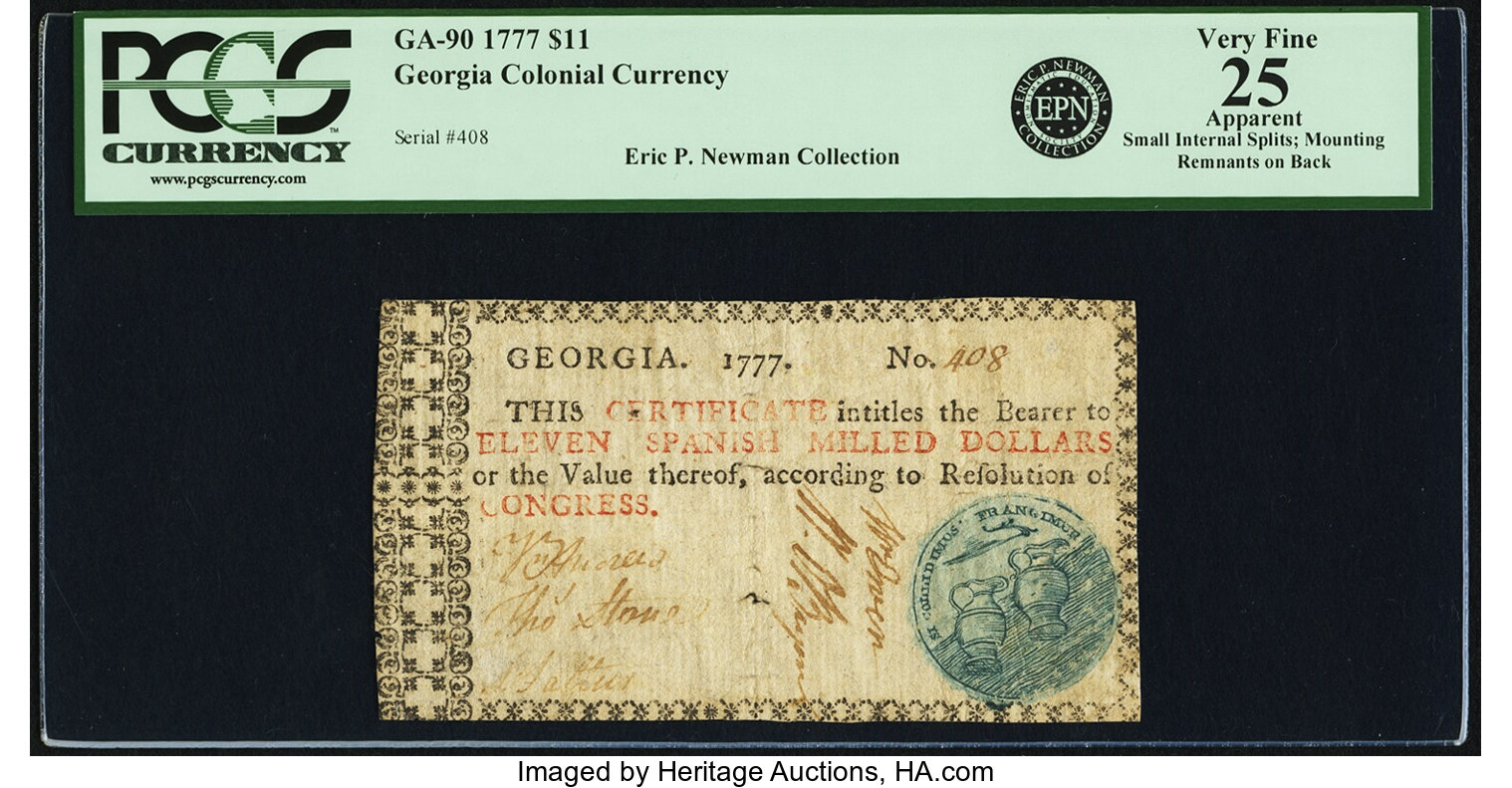 image for: Georgia 1777 No Resolution Date $11 Floating Jugs Fr. GA-90. PCGS Very Fine 25 Apparent....
