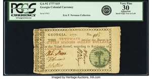 image for: Georgia 1777 No Resolution Date $15 Millstone on Palm Tree Fr. GA-92. PCGS Very Fine 30 Apparent....