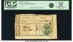 image for: Georgia 1777 No Resolution Date $15 Millstone on Palm Tree Fr. GA-92. PCGS Very Fine 25 Apparent....