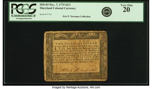 image for: Maryland December 7, 1775 $2/3 Fr. MD-83. PCGS Very Fine 20....