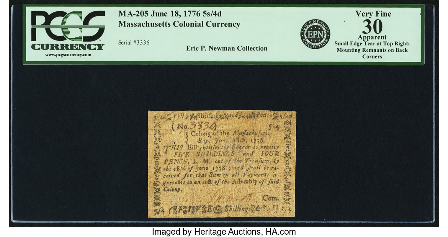 image for: Massachusetts June 18, 1776 5 Shillings 4 Pence Fr. MA-205. PCGS Very Fine 30 Apparent....