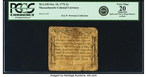 image for: Massachusetts October 18, 1776 2 Shillings Fr. MA-230. PCGS Very Fine 20 Apparent....