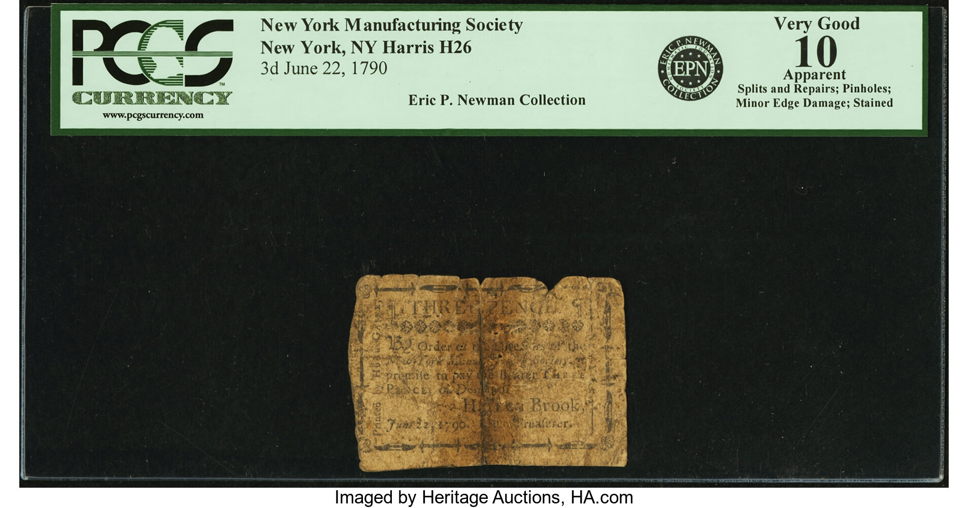 image for: (New York, New York) - H. Ten Brook, Treasurer New York Manufacturing Society June 22, 1790 3 Pence Newman page 305, Harris H2...