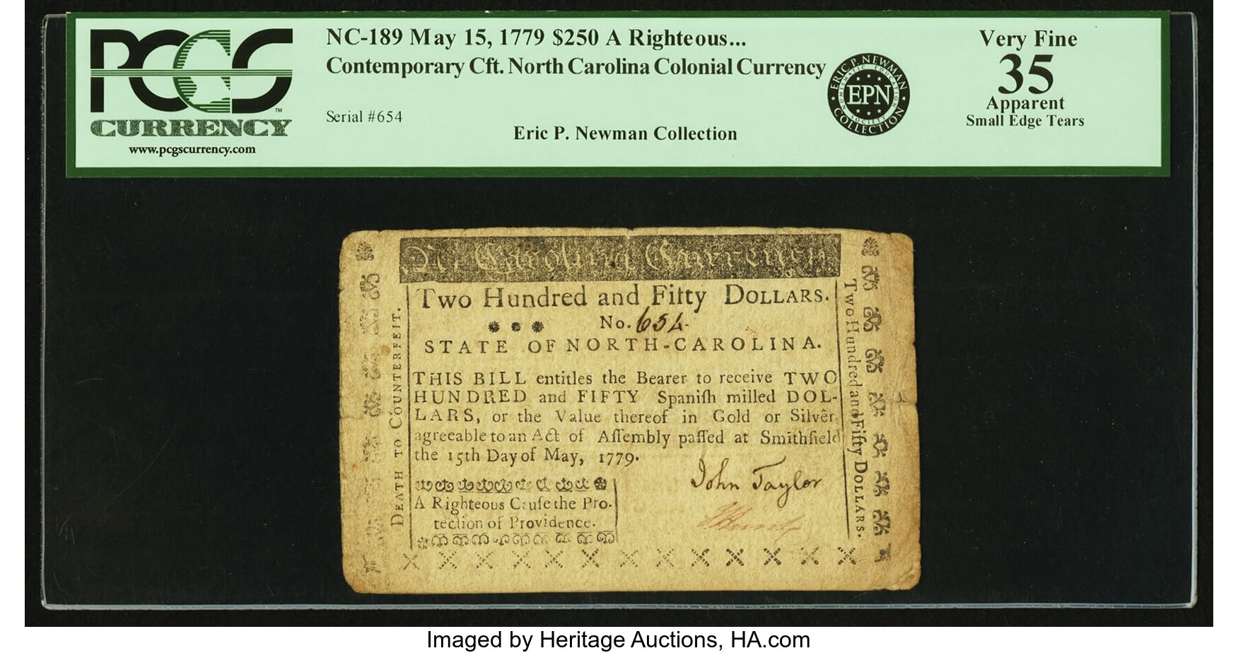 image for: North Carolina May 15, 1779 $250 A Righteous... Contemporary Counterfeit Fr. NC-189. PCGS Very Fine 35 Apparent....
