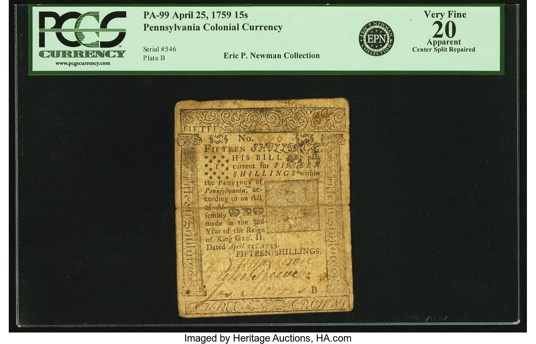 image for: Pennsylvania April 25, 1759 15 Shillings Fr. PA-99. PCGS Very Fine 20 Apparent....