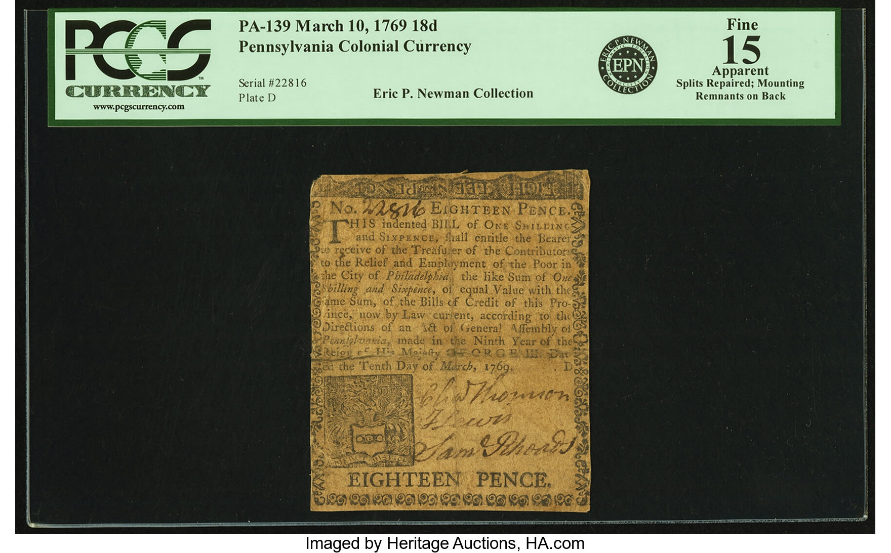 image for: Pennsylvania March 10, 1769 18 Pence Fr. PA-139. PCGS Fine 15 Apparent....