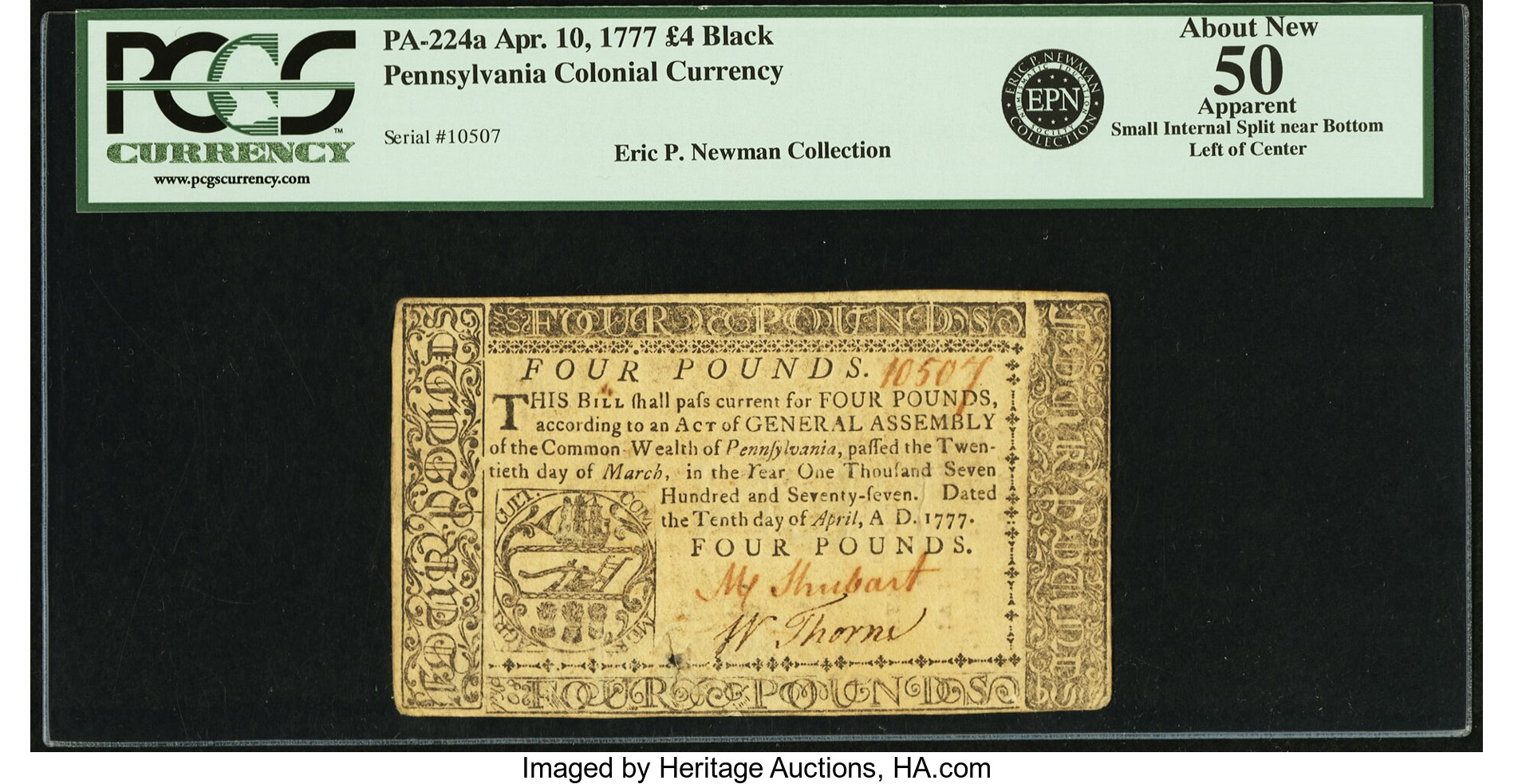 image for: Pennsylvania April 10, 1777 4 Pounds Black Fr. PA-224a. PCGS About New 50 Apparent....