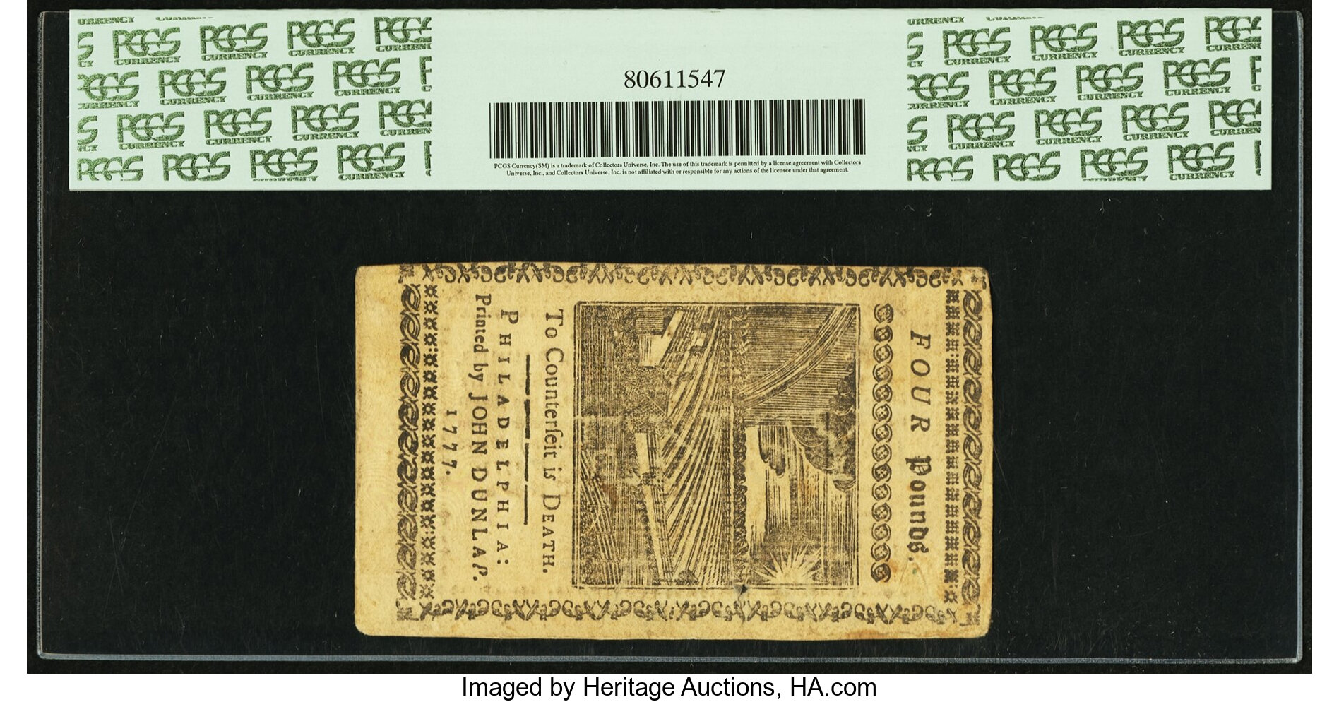 image for: Pennsylvania April 10, 1777 4 Pounds Black Fr. PA-224a. PCGS About New 50 Apparent....