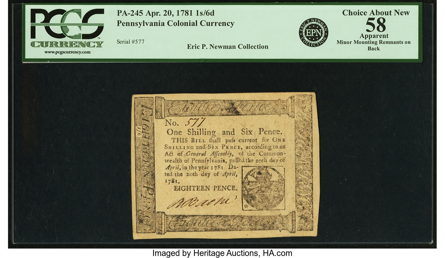 image for: Pennsylvania April 20, 1781 1 Shilling 6 Pence Fr. PA-245. PCGS Choice About New 58 Apparent....