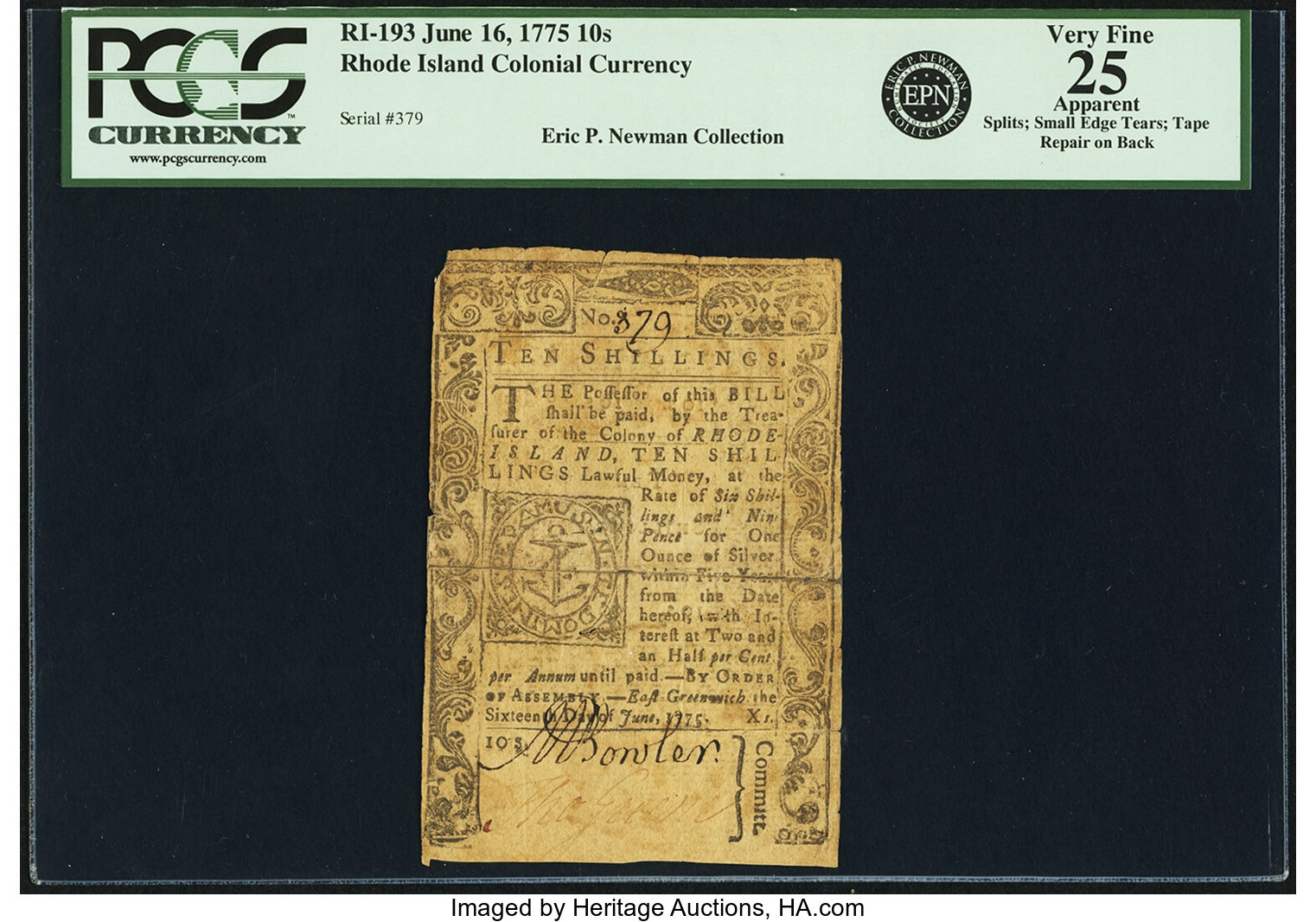 image for: Rhode Island June 16, 1775 10 Shillings Fr. RI-193. PCGS Very Fine 25 Apparent....