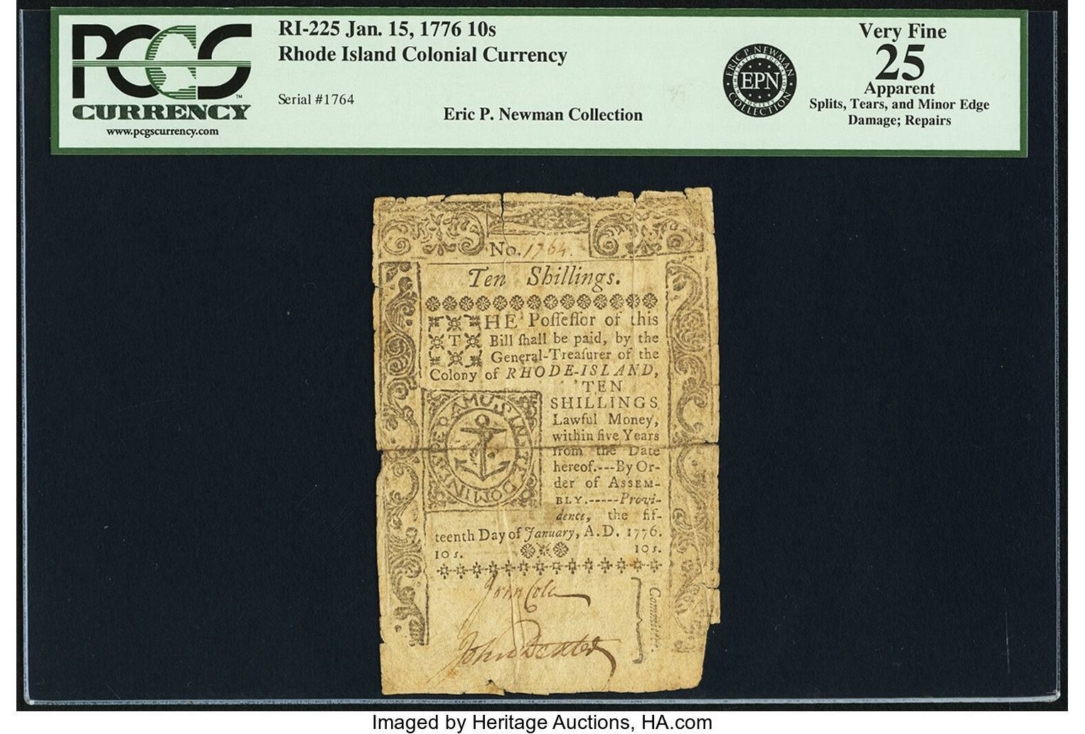 image for: Rhode Island January 15, 1776 10 Shillings Fr. RI-225. PCGS Very Fine 25 Apparent....