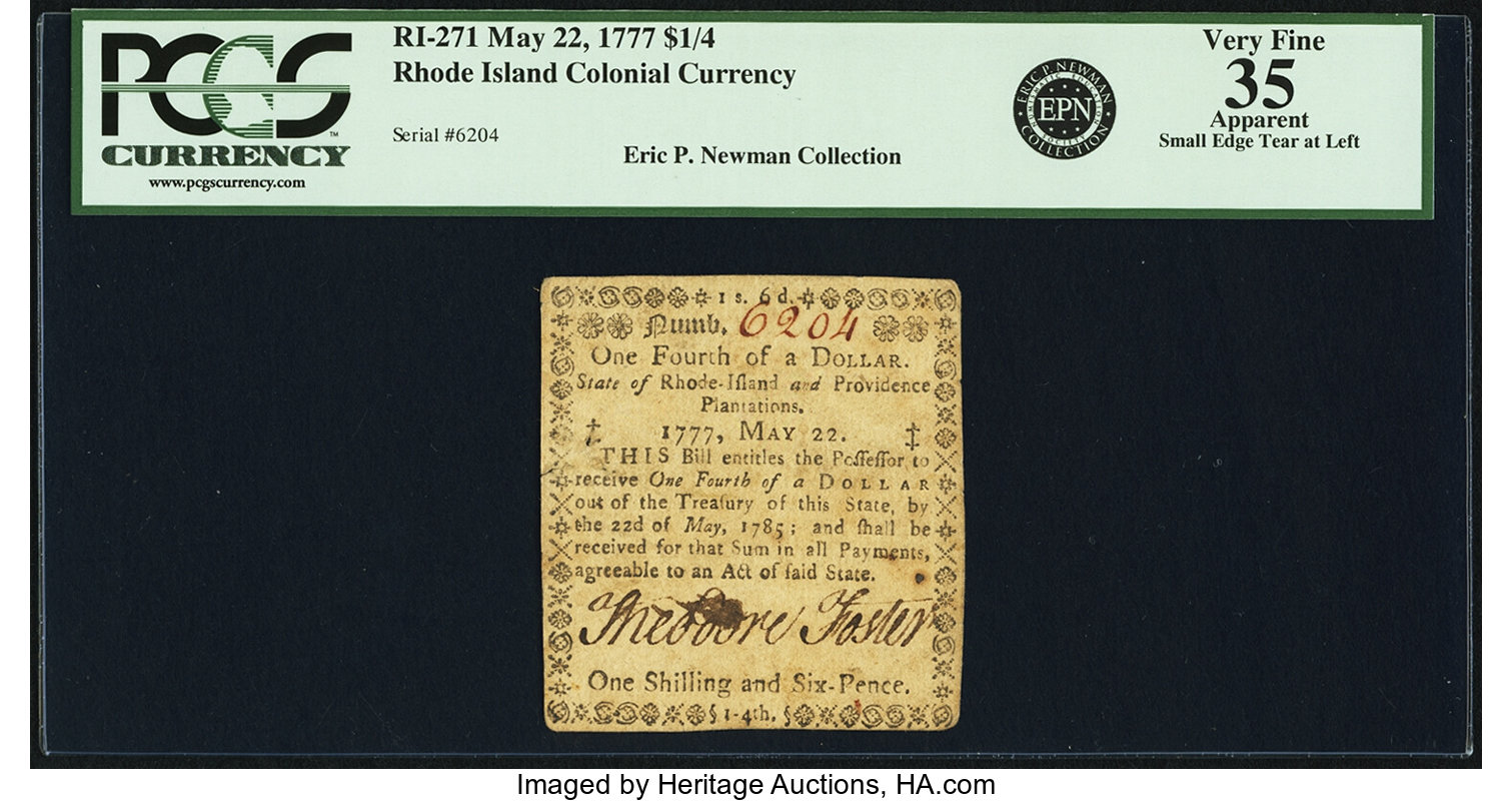 image for: Rhode Island May 22, 1777 $1/4 Fr. RI-271. PCGS Very Fine 35 Apparent....