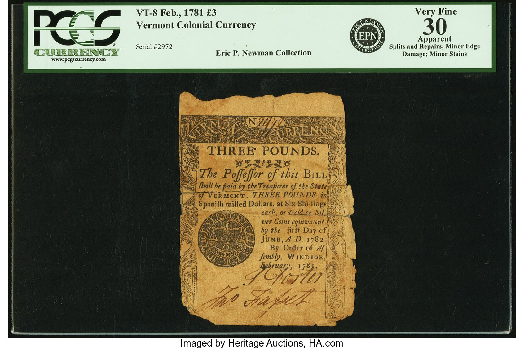 image for: State of Vermont February 1781 3 Pounds Fr. VT-8. PCGS Very Fine 30 Apparent....