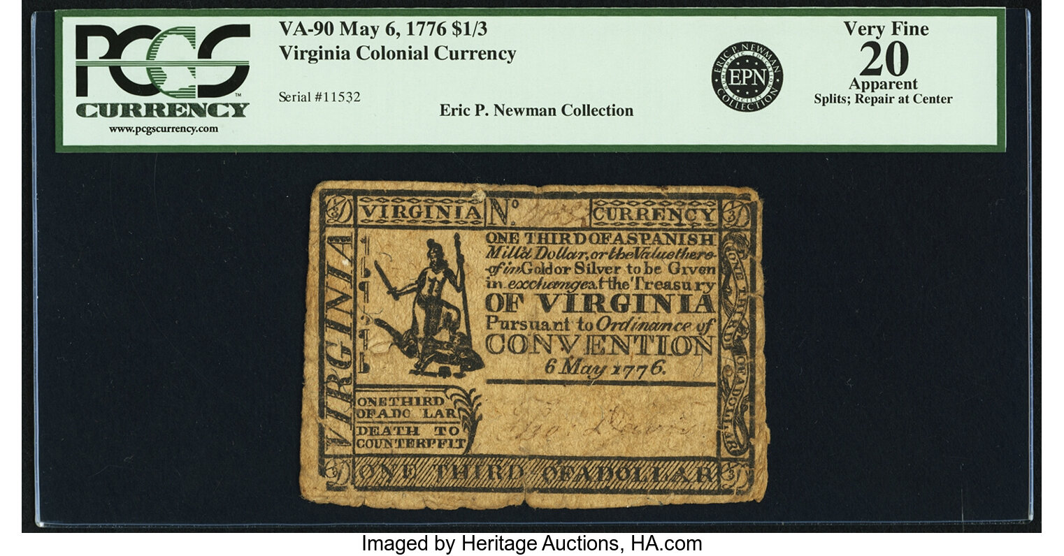 image for: Virginia May 6, 1776 $1/3 Fr. VA-90. PCGS Very Fine 20 Apparent....