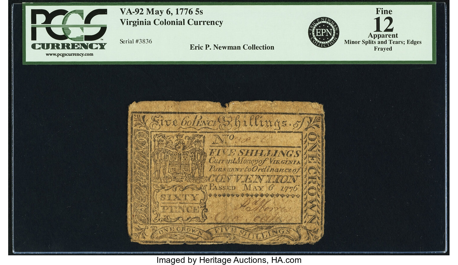 image for: Virginia May 6, 1776 5 Shillings Fr. VA-92. PCGS Fine 12 Apparent....