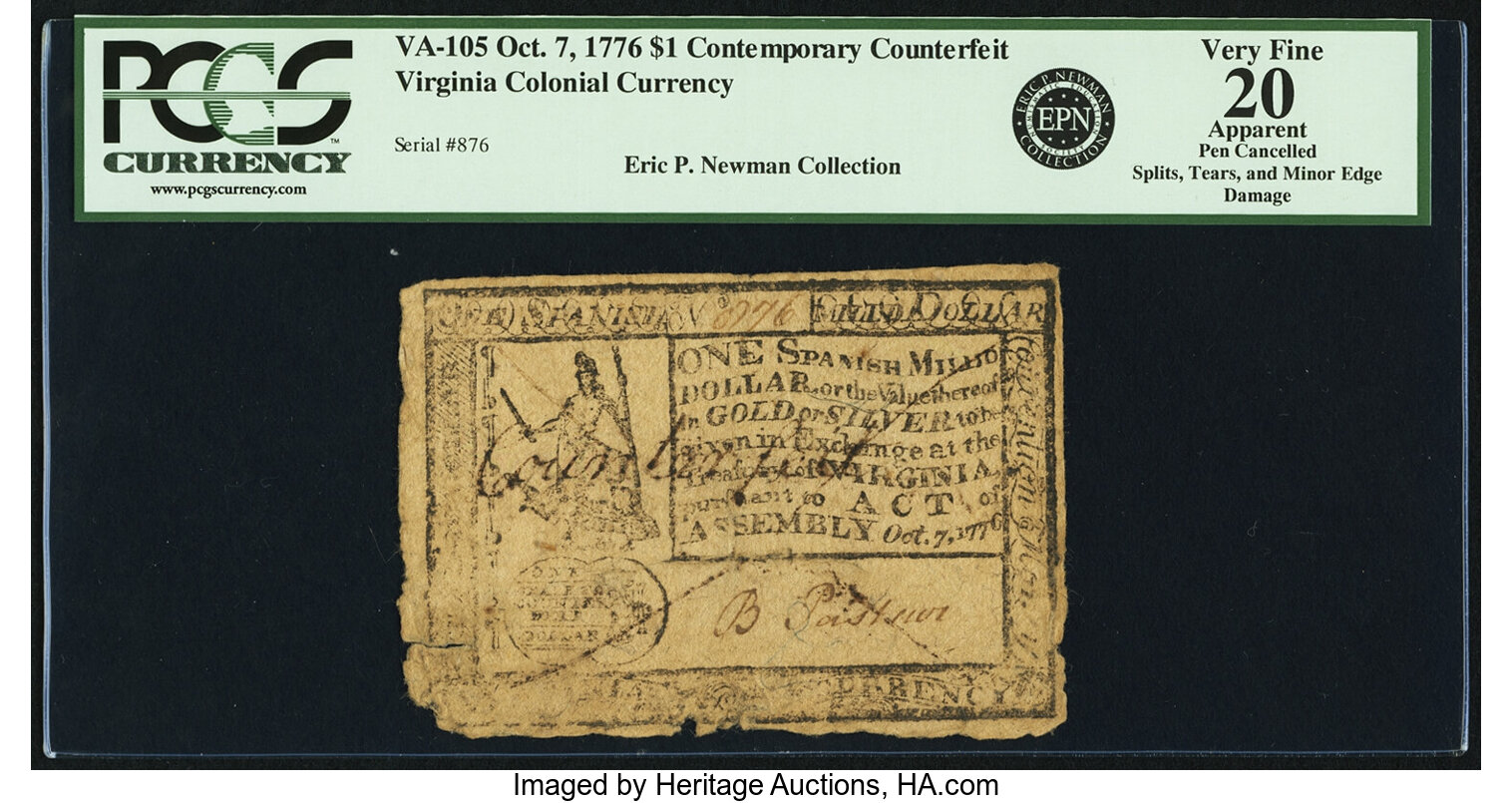 image for: Virginia Oct. 7, 1776 $1 Contemporary Counterfeit Fr. VA-105. PCGS Very Fine 20 Apparent....