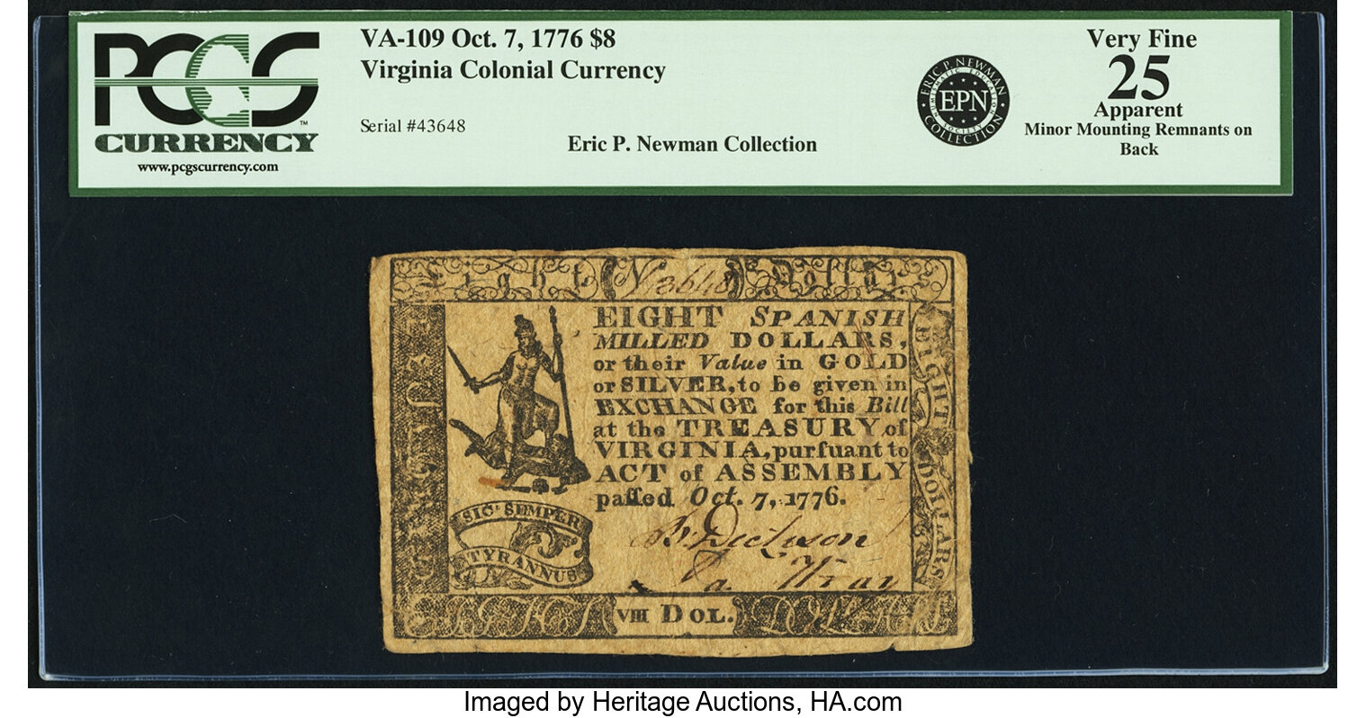 image for: Virginia Oct. 7, 1776 $8 Fr. VA-109. PCGS Very Fine 25 Apparent....