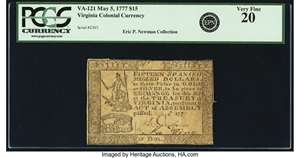 image for: Virginia May 5, 1777 $15 Fr. VA-121. PCGS Very Fine 20....