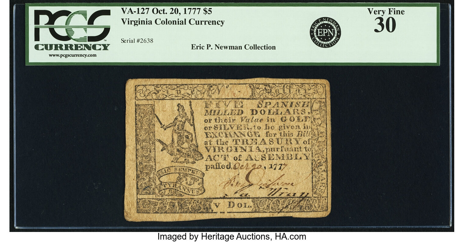 image for: Virginia Oct. 20, 1777 $5 Fr. VA-127. PCGS Very Fine 30....