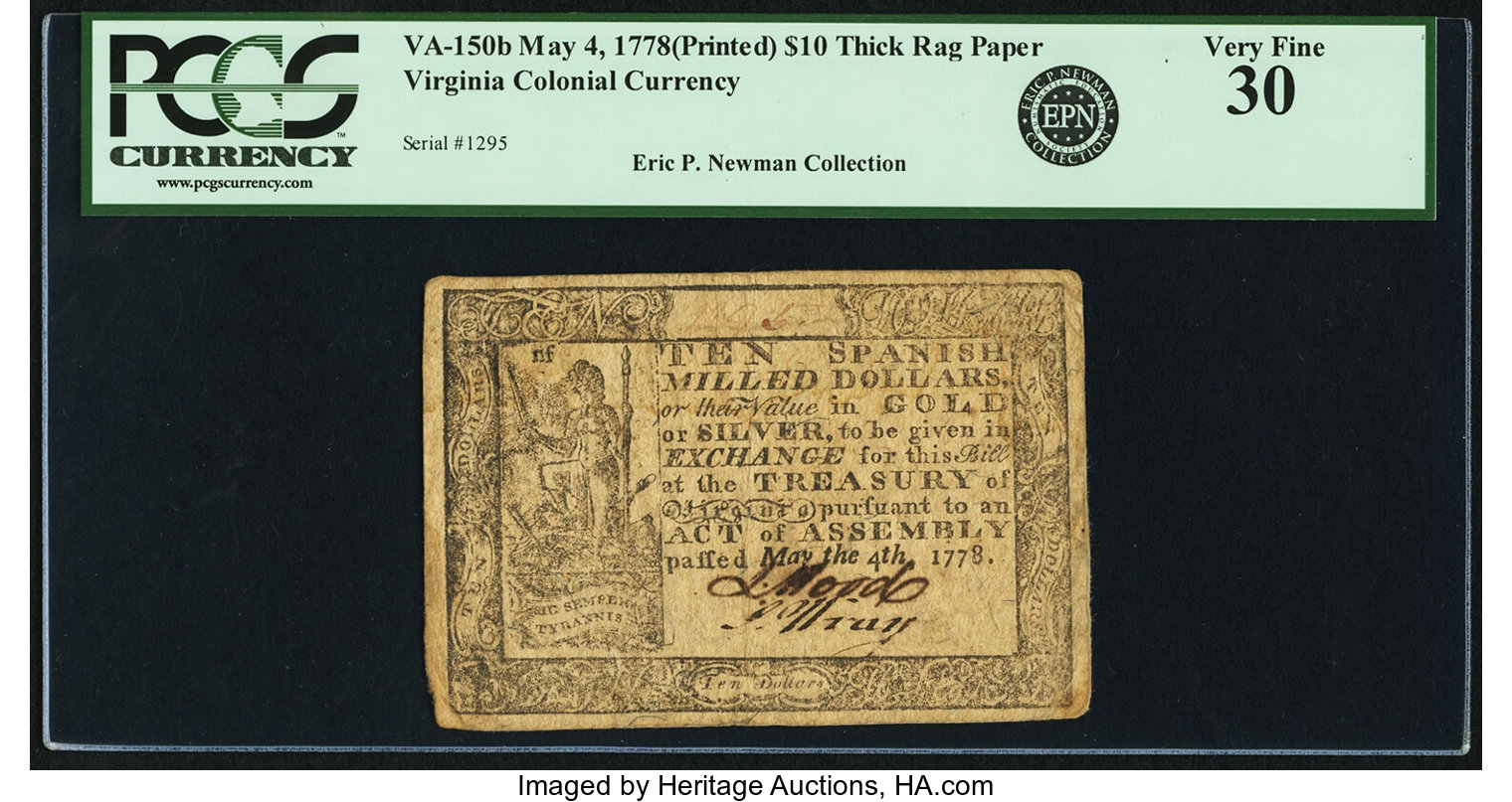 image for: Virginia May 4, 1778 Printed Date $10 Thick Paper Fr. VA-150b. PCGS Very Fine 30....