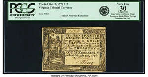 image for: Virginia Oct. 5, 1778 $15 Fr. VA-161. PCGS Very Fine 30 Apparent....