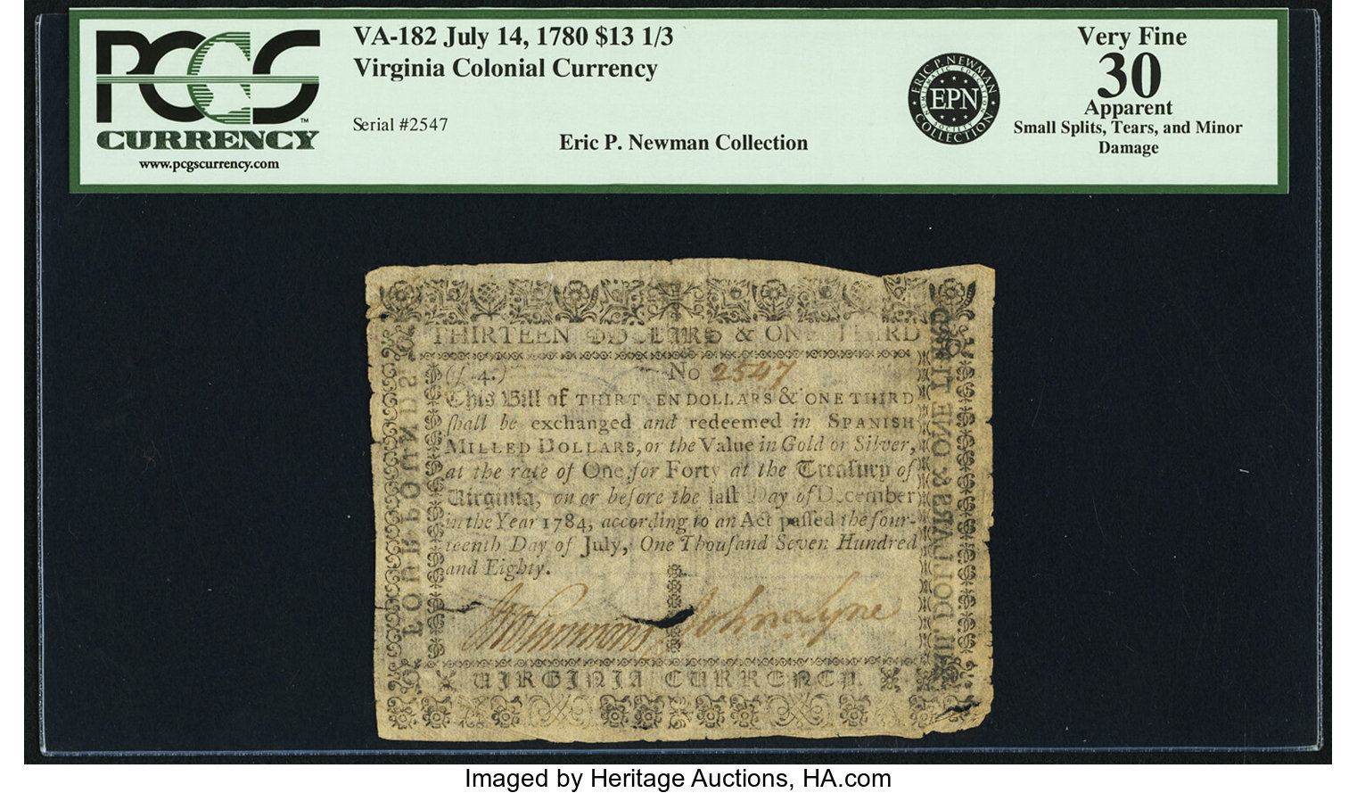 image for: Virginia July 14, 1780 $13 1/3 Fr. VA-182. PCGS Very Fine 30 Apparent....