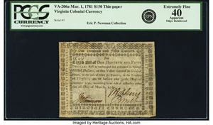 image for: Virginia March 1, 1781 $150 Thin Paper. Fr. VA-206a. PCGS Extremely Fine 40 Apparent....