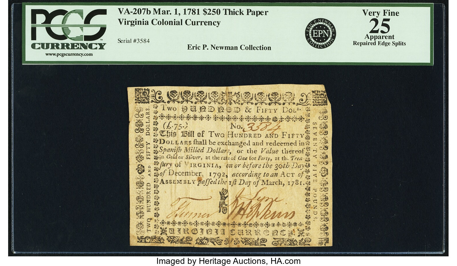 image for: Virginia March 1, 1781 $250 Thick Paper. Fr. VA-207b. PCGS Very Fine 25 Apparent....