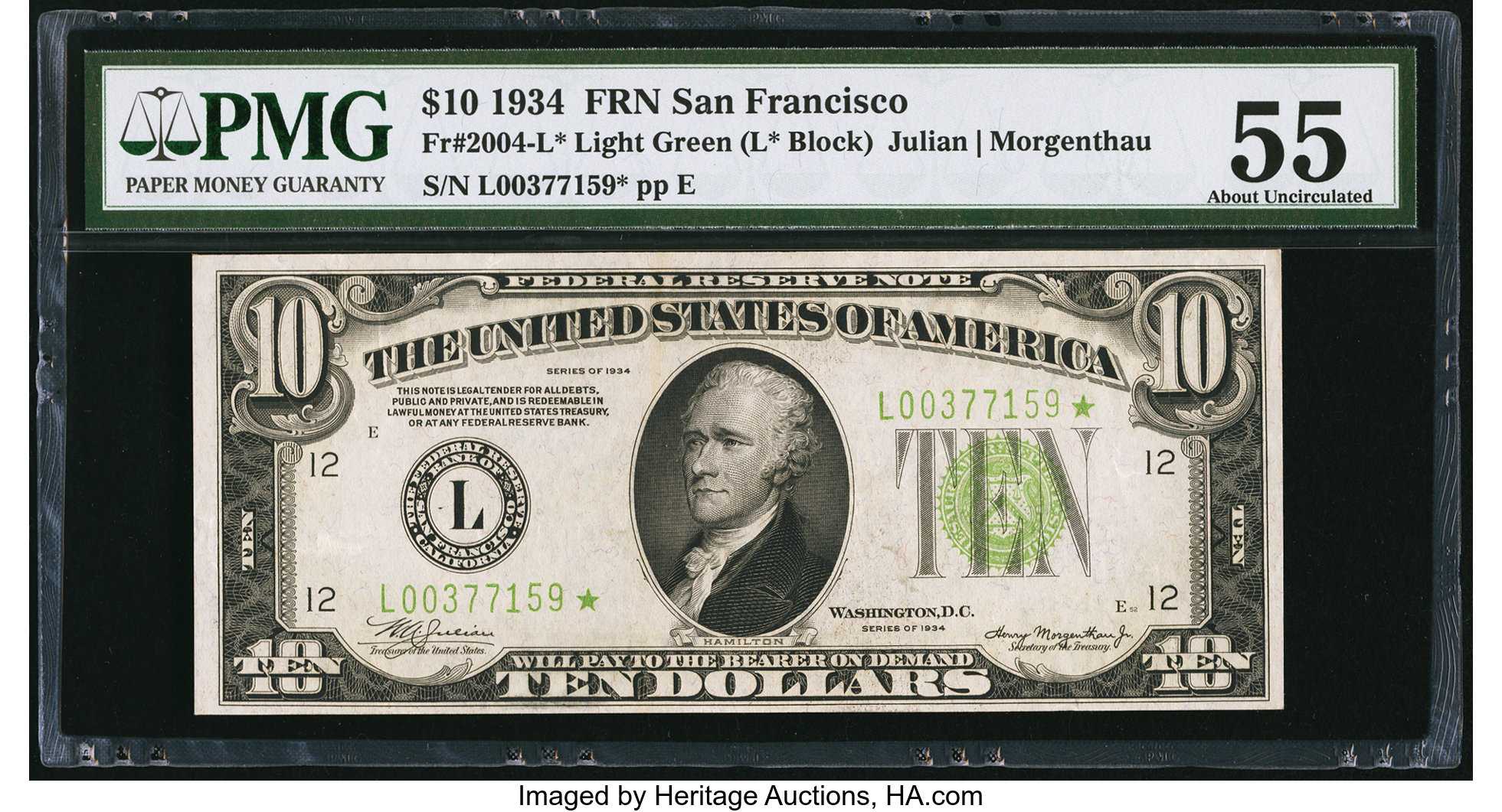 image for: Fr. 2004-L* $10 1934 Federal Reserve Note. PMG About Uncirculated 55....