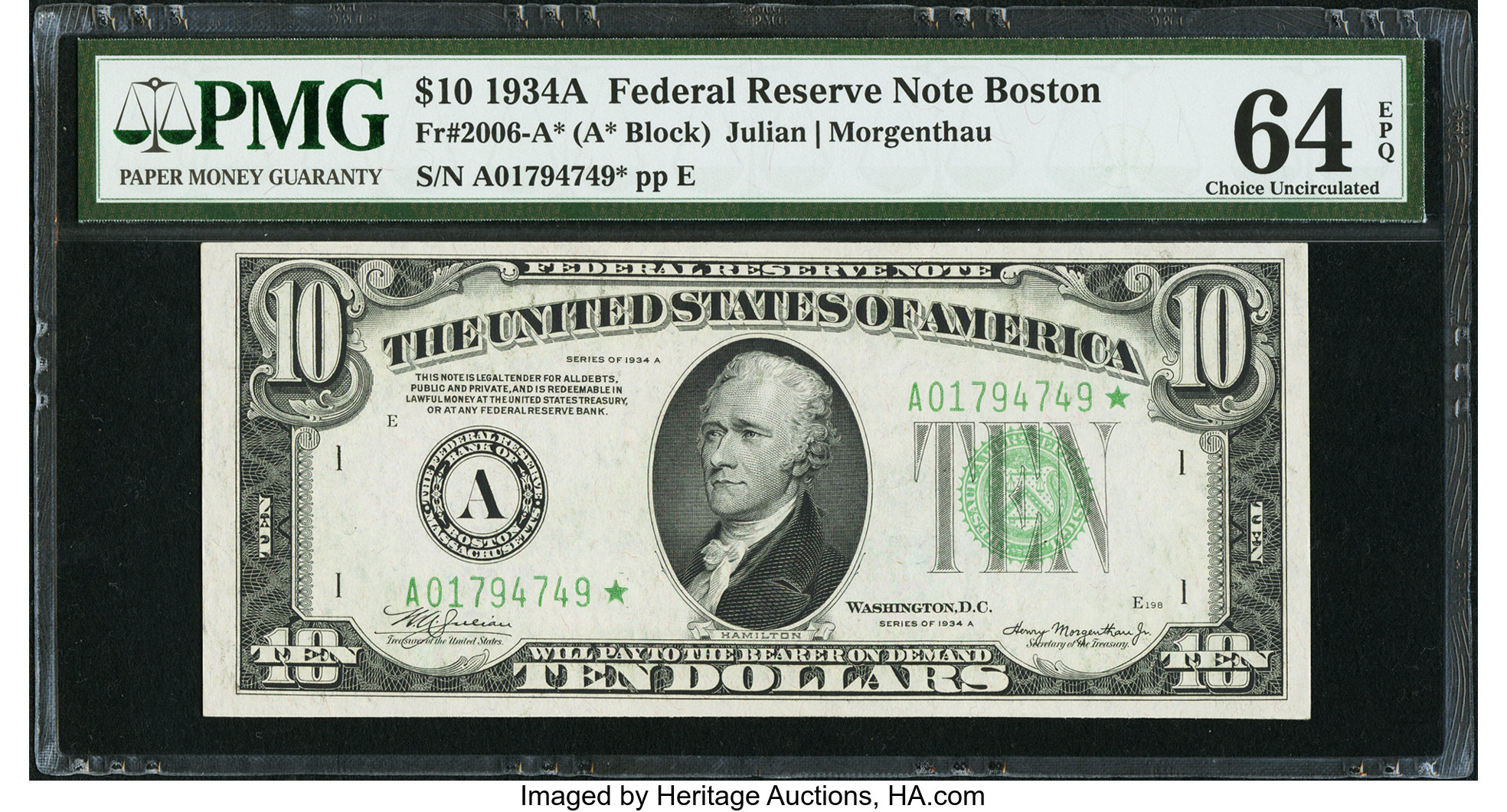 image for: Fr. 2006-A* $10 1934A Federal Reserve Note. PMG Choice Uncirculated 64 EPQ....