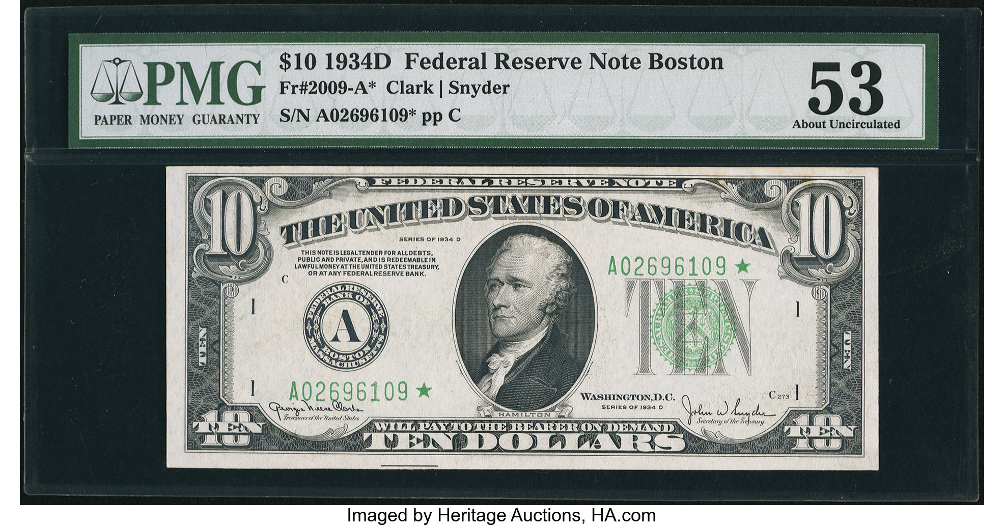 image for: Fr. 2009-A* $10 1934D Federal Reserve Note. PMG About Uncirculated 53....