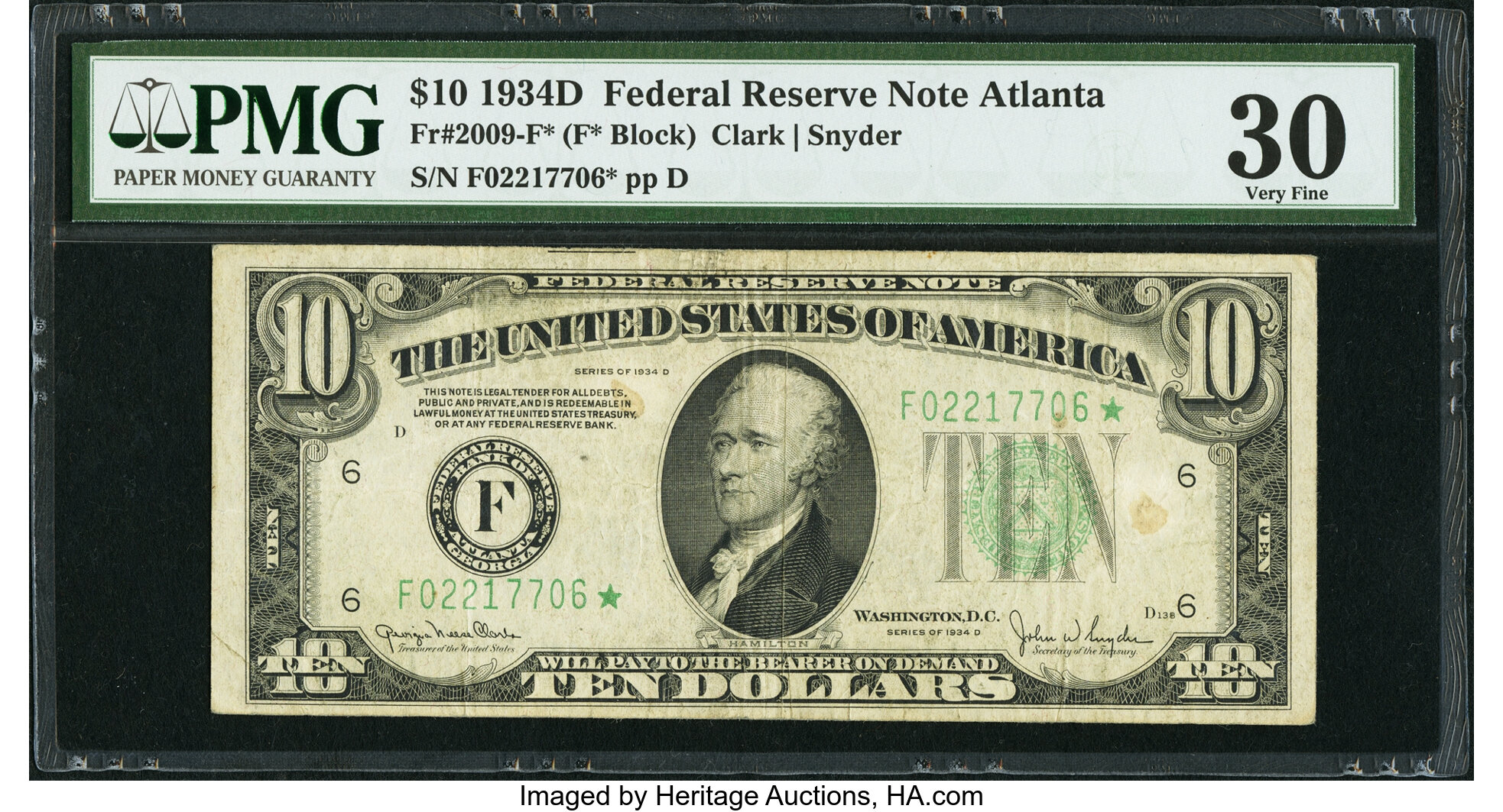 image for: Fr. 2009-F* $10 1934D Federal Reserve Note. PMG Very Fine 30....