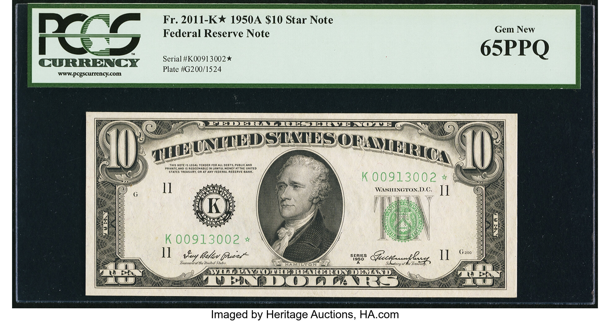 image for: Fr. 2011-K* $10 1950A Federal Reserve Note. PCGS Gem New 65PPQ....