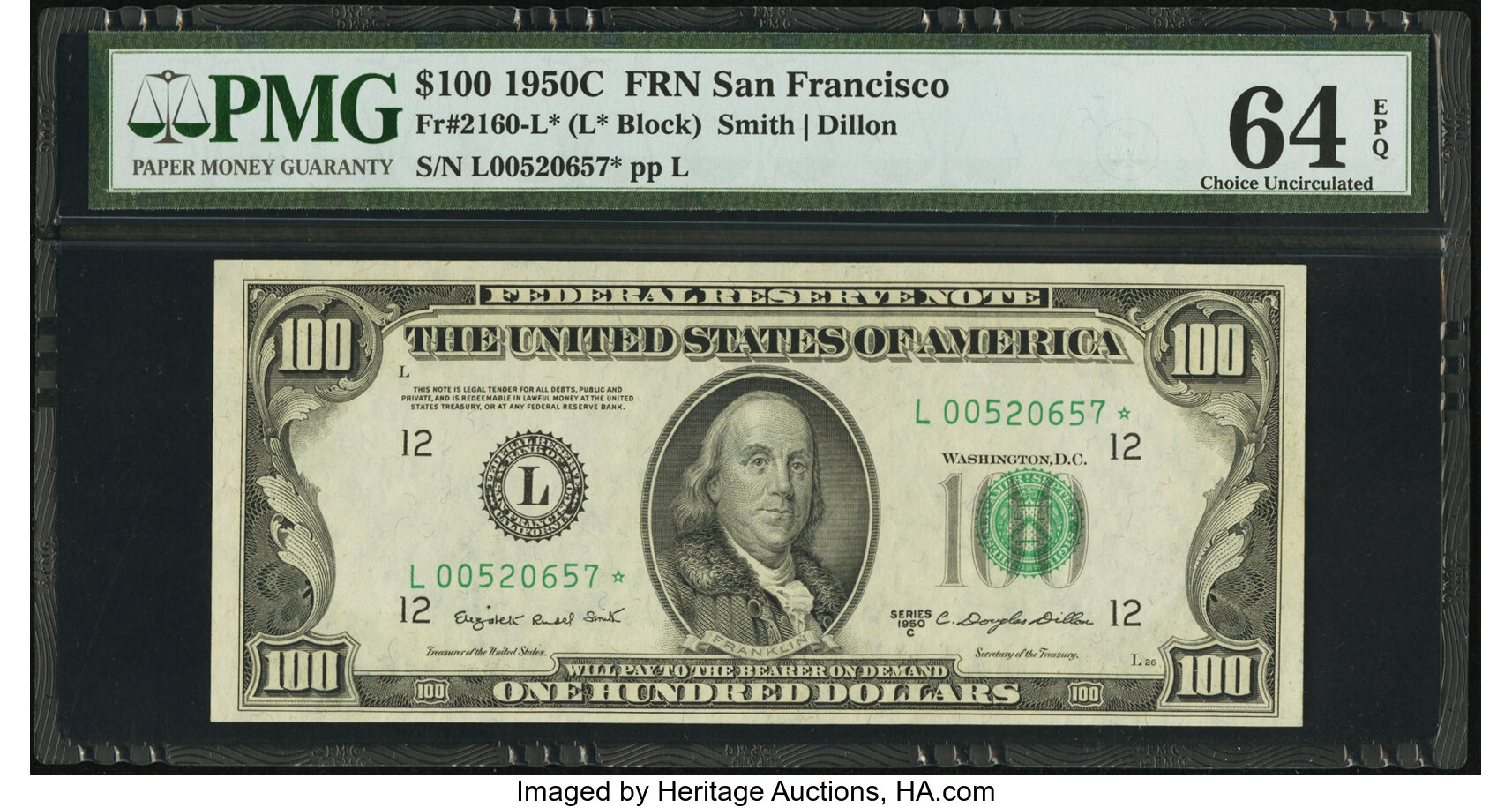 image for: Fr. 2160-L* $100 1950C Federal Reserve Note. PMG Choice Uncirculated 64 EPQ....
